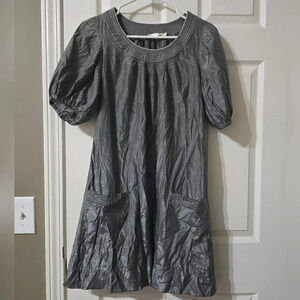 See U Soon Anthropologie Silver Metaillic Silk Blend Mini Dress w/ Puff Sleeves.